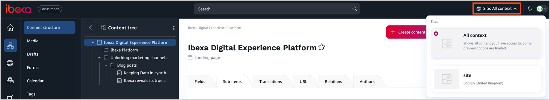 Top bar with site context selector Top bar with site context selector