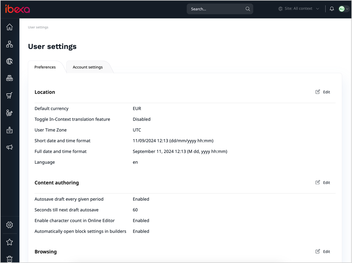 User settings User settings